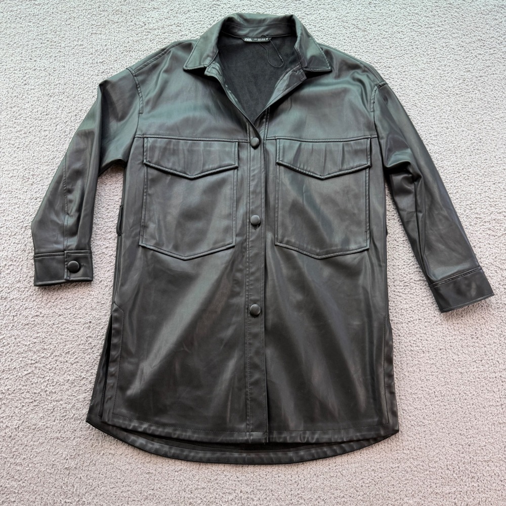 Zara Womens Black Faux Leather Shacket Longline Snap Button Jacket Size S